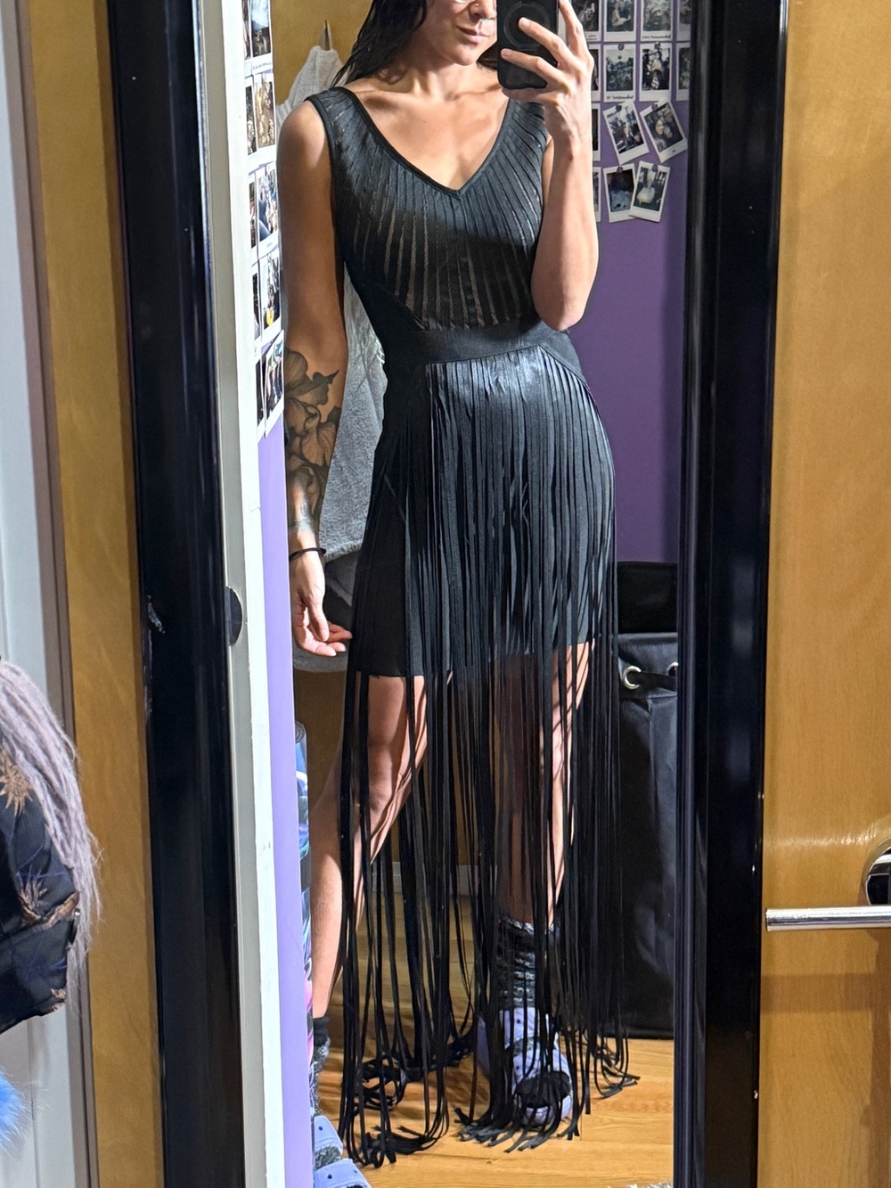 Dolls Kill Black Fringe V-Neck Mini Dress